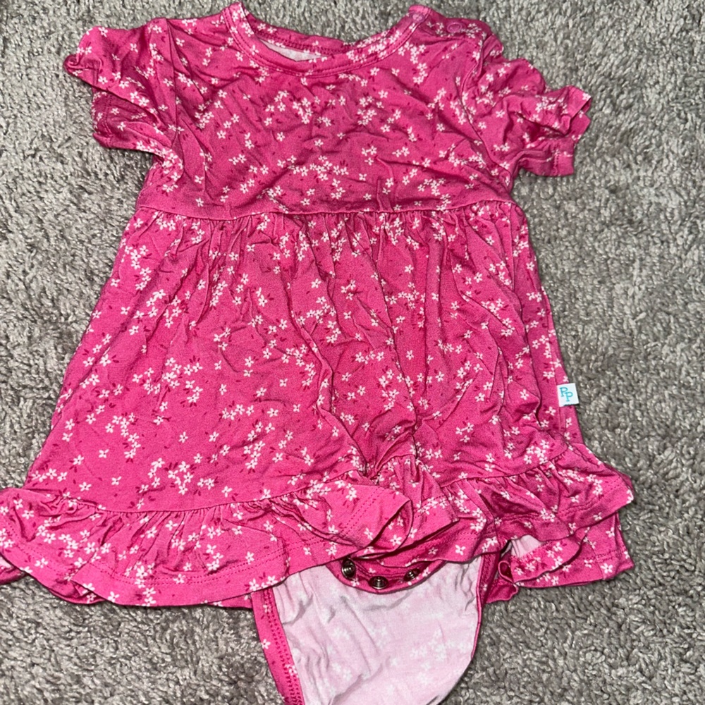 Posh Peanut pink dress bodysuit button closure. 6-12 months.